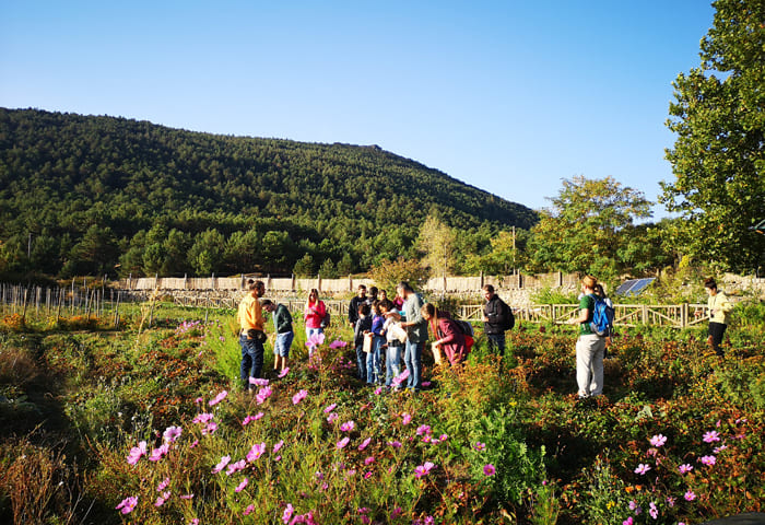 Grupo de personas visitando la Huerta de Abril, con flores y montañas al fondo.